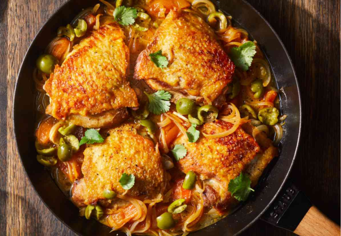 Tender chicken with savory green olives: a flavorful and satisfying dish for poultry enthusiasts.