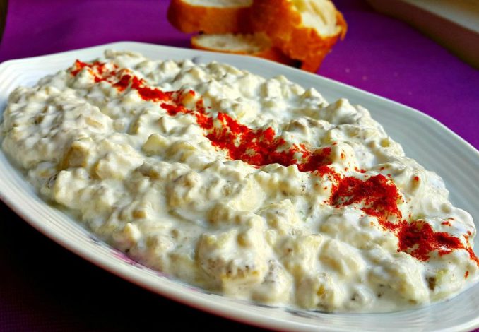 Eggplant salad with yogurt dressing: a delightful combination of flavors and textures.