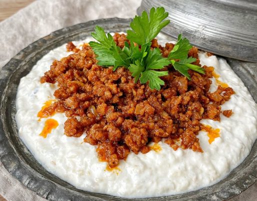 Scrumptious Ali Nazik dish with grilled eggplant, tender lamb, and creamy yogurt sauce